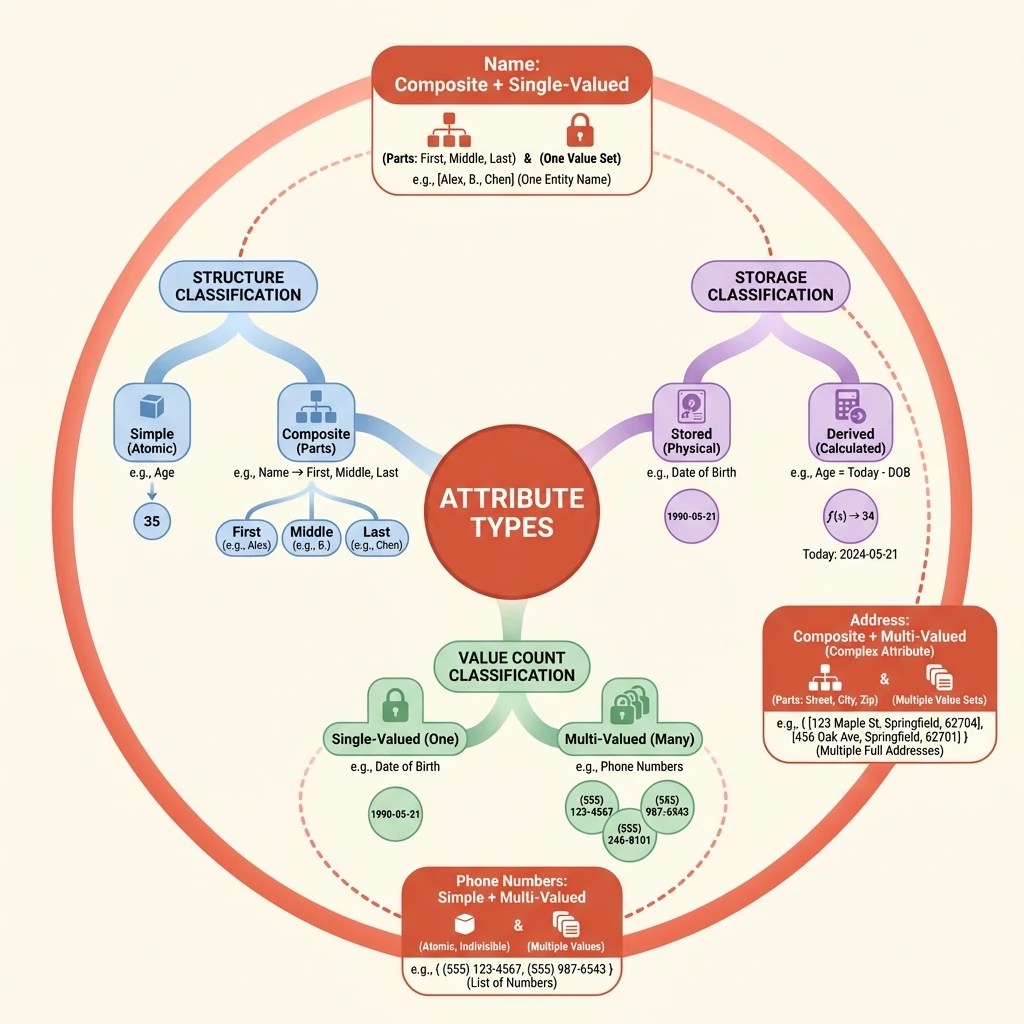 A radial diagram showing the three classification axes for database attributes: Structure (Simple vs Composite), Value Count (Single-valued vs Multi-valued), and Storage (Stored vs Derived), with examples showing how these combine.