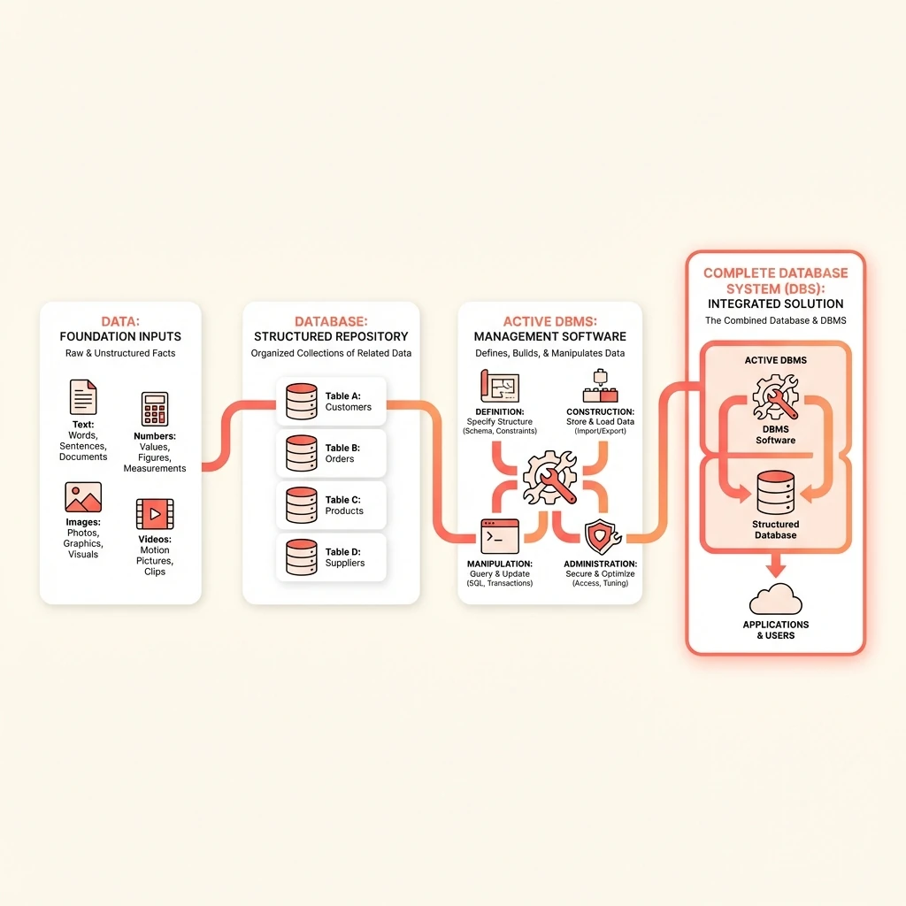 Professional diagram showing the layered relationship between Data, Database, DBMS, and the complete Database System (DBS).
